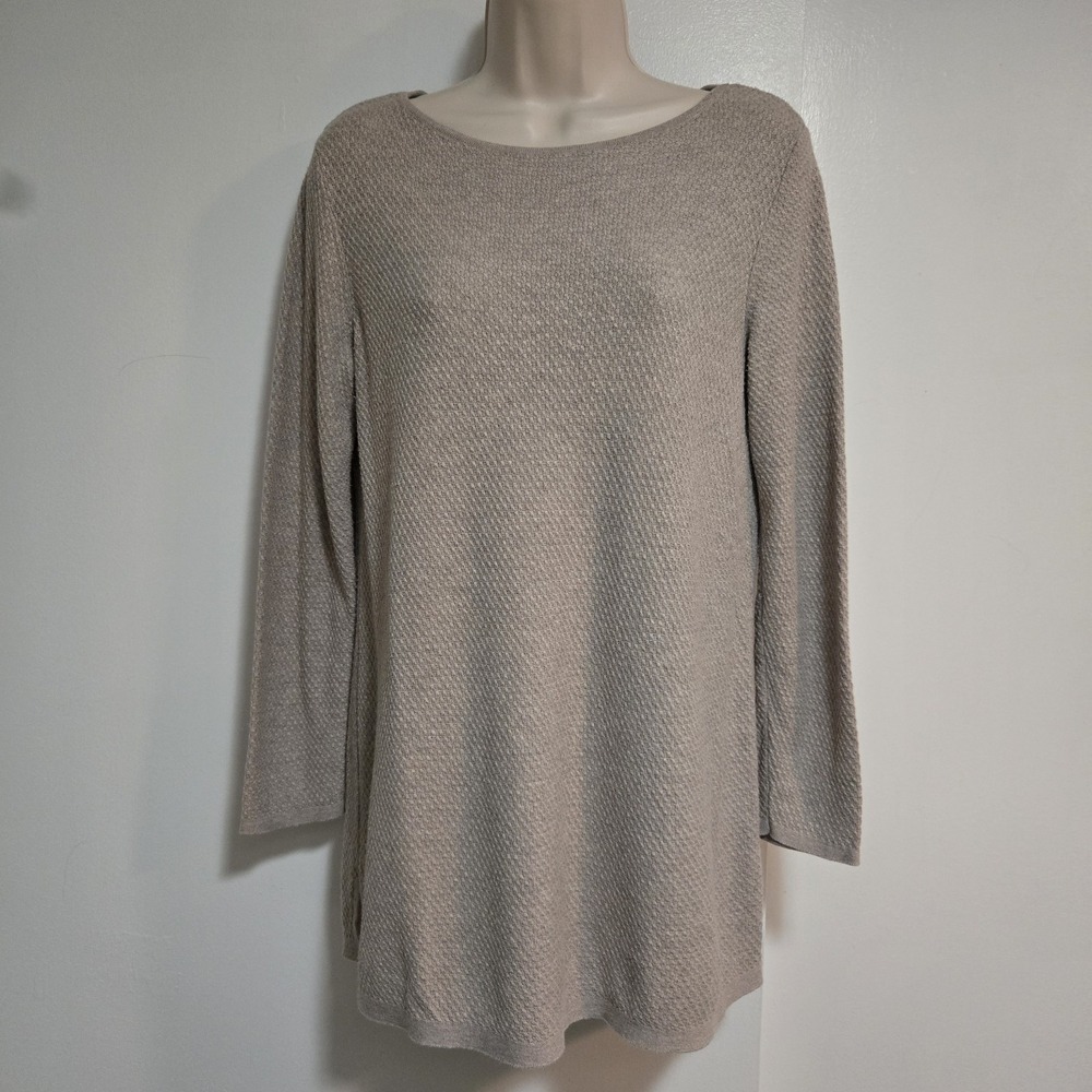 J Jill Petite Sz PS Beige Waffle Knit Andrea Long Sleeve Minimalist Tunic Top‎